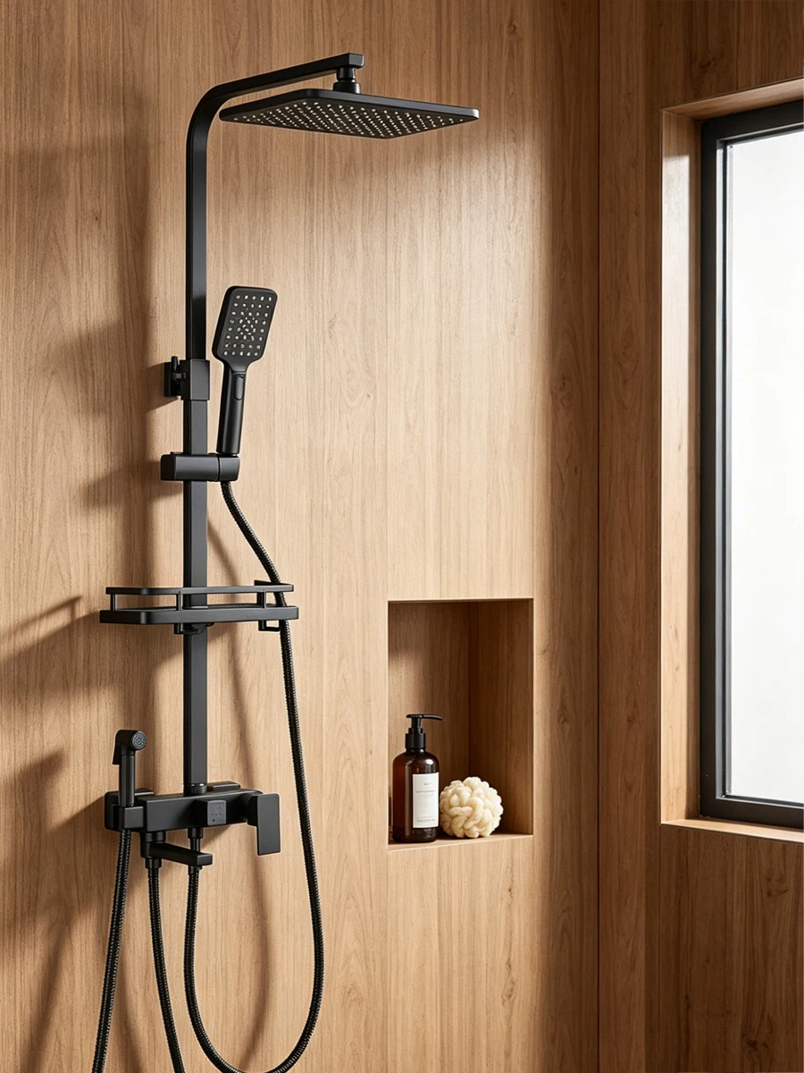 Mitigeur de douche 3/4 voies noir chromé avec fonction pluie, pour eau chaude et froide, et mitigeur de bidet, pour salle de bain