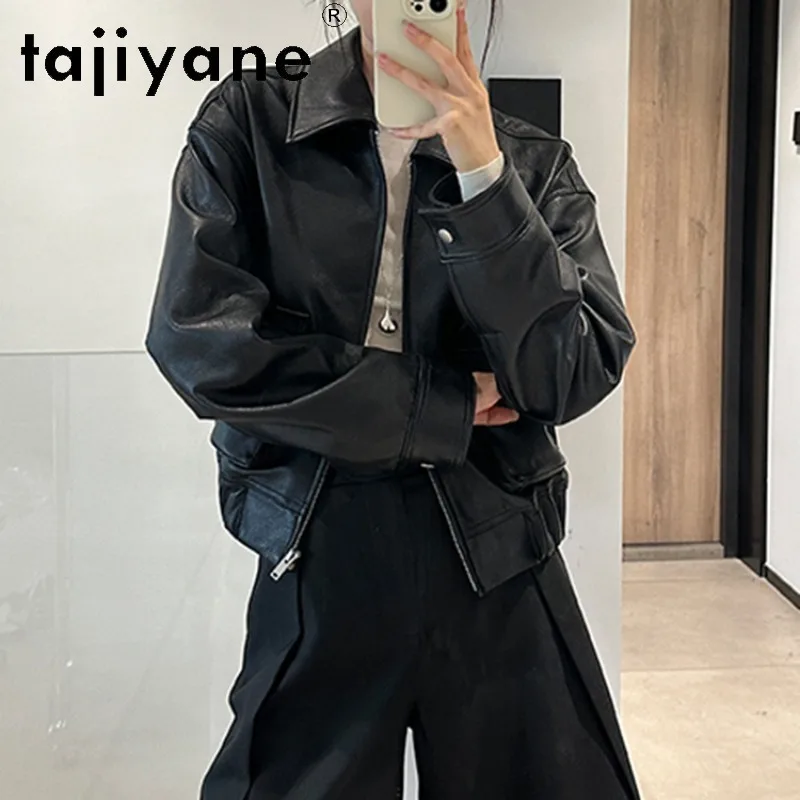 TAJIYANE Genuine Leather Jacket Women Deer Grain Goat Leather Coat Short Biker Jackets Oversized Outerwear Streetwear Jaqueta