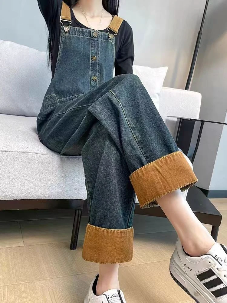 Spring Autumn Women Denim Bib Overall New 2026 American Retro Style Loose Fit Age Defying Effect Versatile Casual Wear