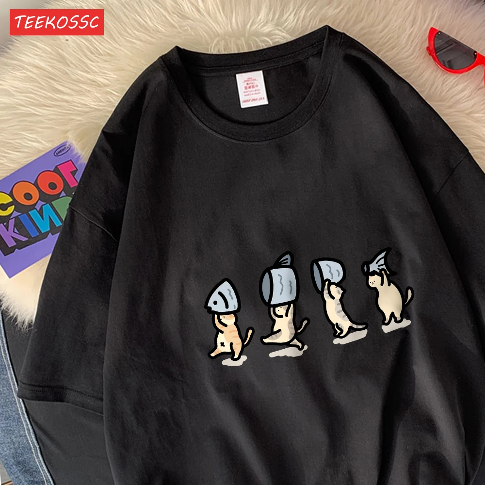 Vier Kleine Katzen Halten Fishcotton Frauen T-Shirts Cartoons Drucke T Shirts Weiche Oansatz Lose Kurzarm Tops Sommer Kleidung – Detail 34