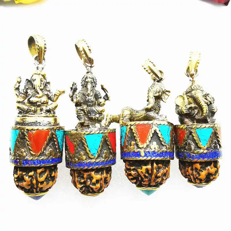 Indian Ganesh Amulet Pendants Pocket Buddha Brass Golden Handicrafts Capped Rudraksha Bodhi Beads TBP661