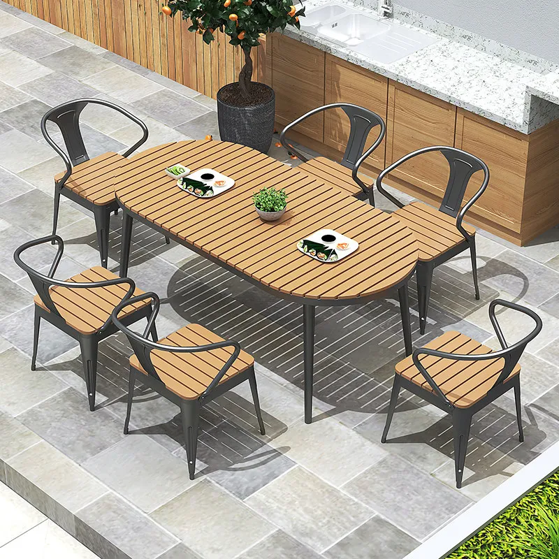 Nordic leisure plastic wood table and chair combination courtyard garden anti-corrosion sun protection oval