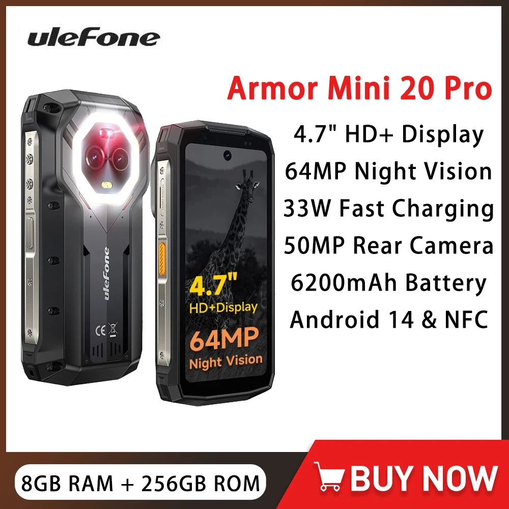 Ulefone Armor Mini 20 Pro 5G Wytrzymały telefon 4,7 cala 8 GB 256 GB Mały smartfon Android 14 64 MP Kamera nocna 6200 mAh Światło LED NFC