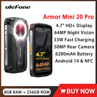 Ulefone Armor Mini 20 Pro 5G Rugged Phone 4.7 Inch 8GB 256GB Small Smartphone Android 14 64MP Night Camera 6200mAh LED Light NFC