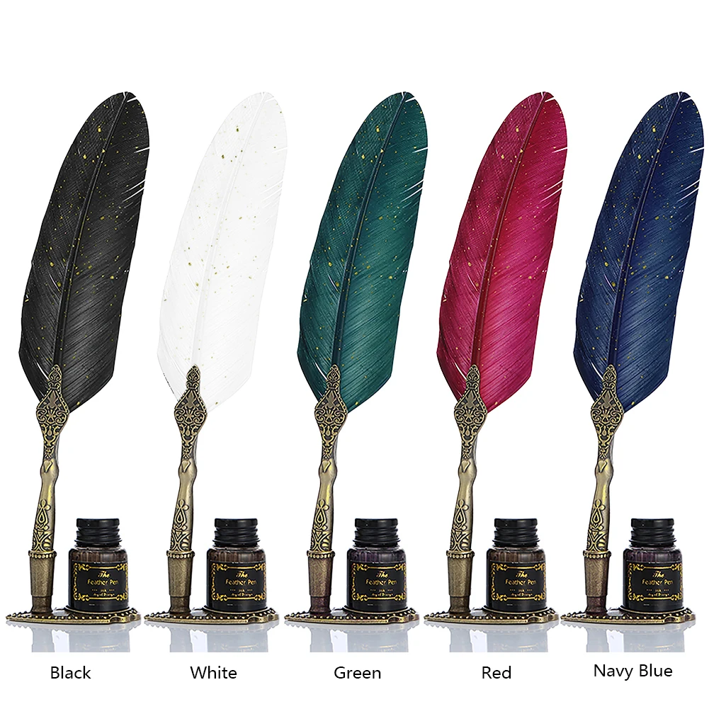 Durable Calligraphy Feather Dip Pen with 2 Nib Set Quill Fountain Writing Creative Vintage Stationery Classic Texture Gift Box
