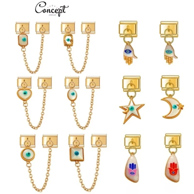 

2025 Wholesale Women Golden Devil Eye Pendant Italian Charm Fit 9mm Stainless Steel Module Bracelet Jewelry Bulk