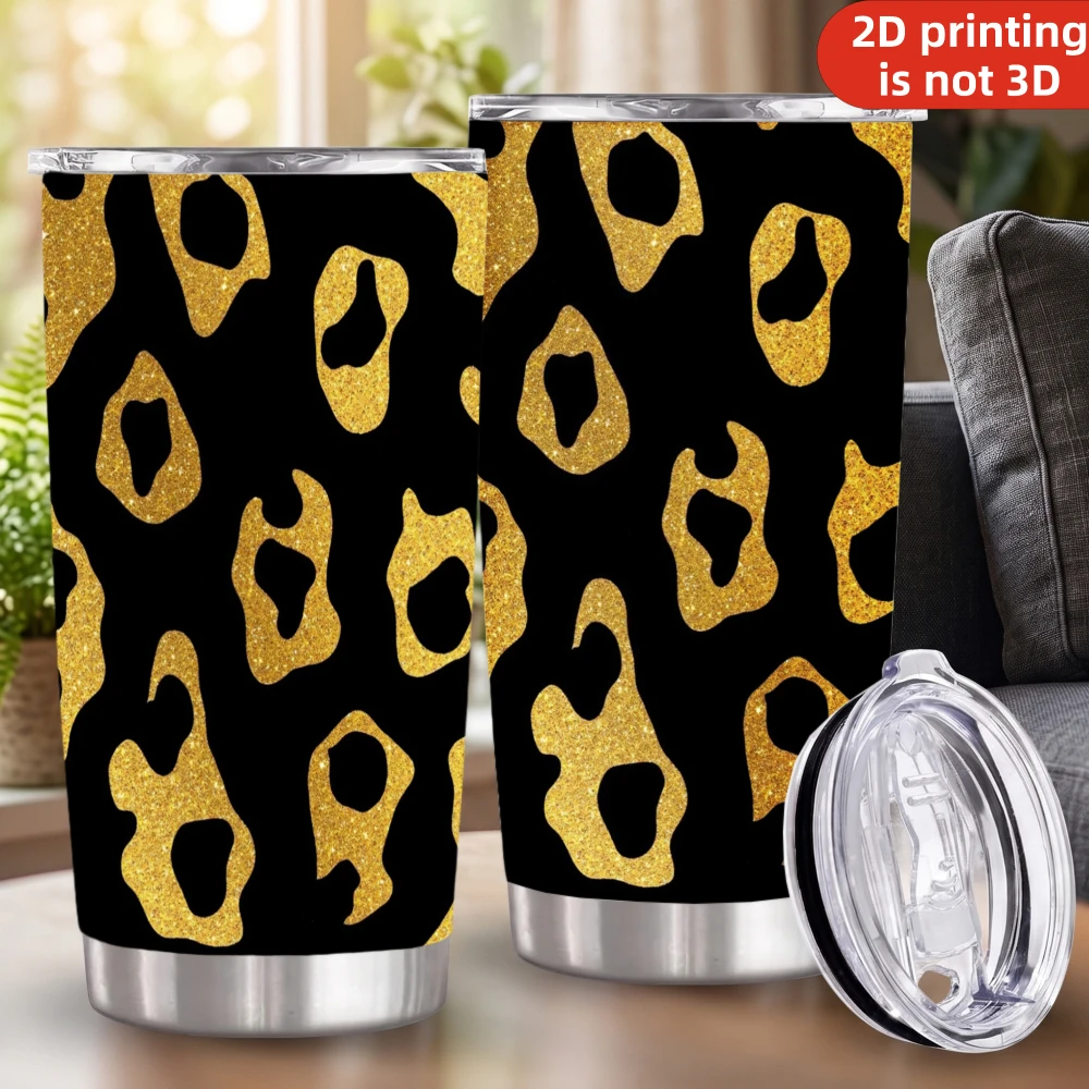 20oz Bold Gold Glitter Leopard Print Stainless Steel Tumbler with Lid and Straw, Large Sparkle Cheetah Spots Black Vacuum Insulated Travel Coffee Mug Gifts for Women