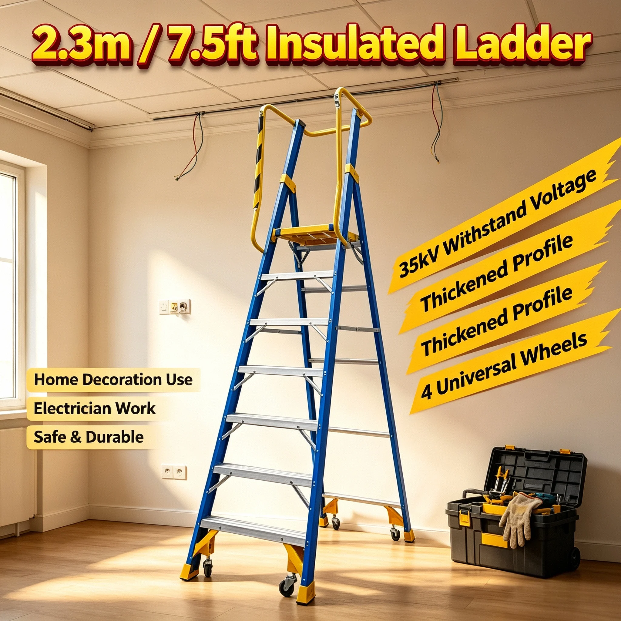 7.5ft Insulated Work Platform Ladder Electrician Step Ladder for Home Renovation Wire Pulling Cable Laying Climbing Tool