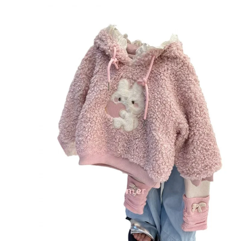 01-Conjunto con forro polar Otoño Invierno estilo coreano chaqueta de algodón de felpa Animal para niñas Leggings a rayas