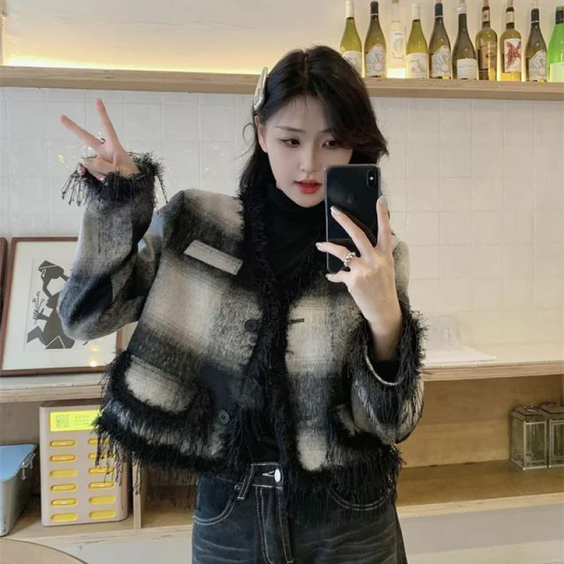 

Retro Fringe Contrasting Striped Woolen Coat Jacket Women 2024 Korean Autumn winter Casual Long Sleeve Warm Overcoat Female