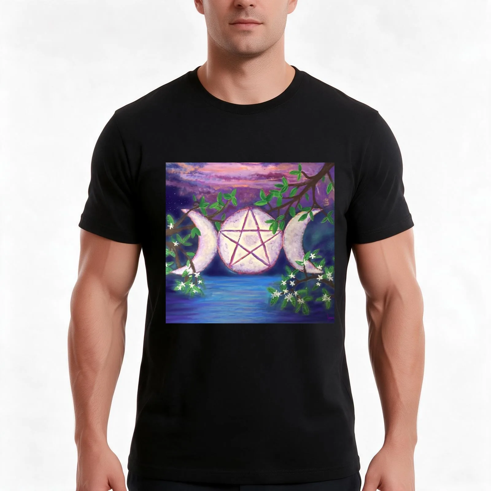 Triple Moon Rising T-Shirt, Summer Casual Cotton Tee, Oversized Streetwear Tops, Vintage Graphic Print, Loose Fit Short Sleeve
