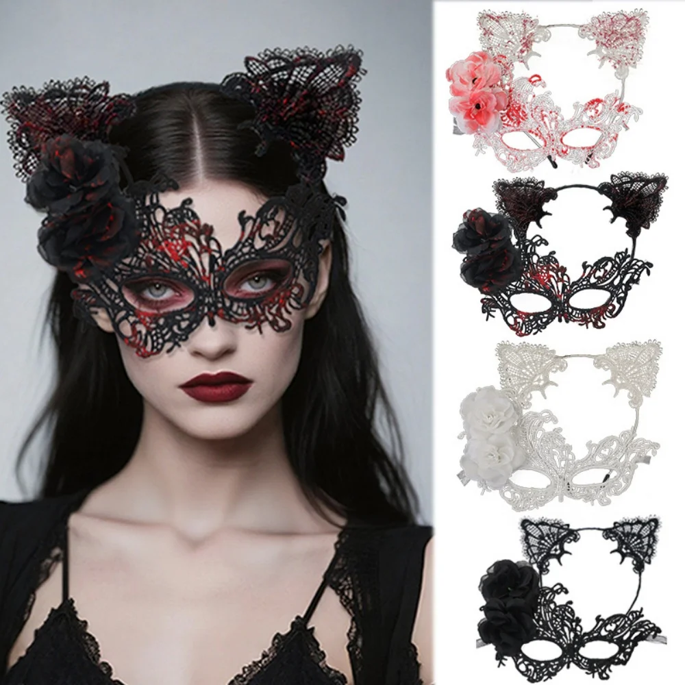 

Masquerade Mask Blood Splatter Costume Mask Set Cat Ear Headband Cute Half Face Lace Mask For Costume Event Dance Halloween