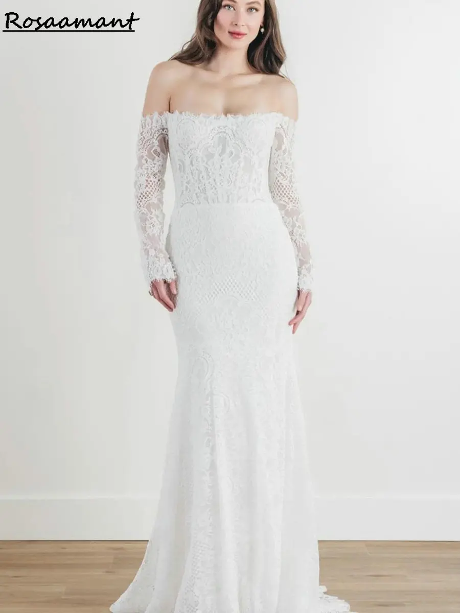 

Newest Boat Neck Long Sleeve Mermaid Wedding Dresses Off The Shoulder Appliques Lace Boho Bridal Gowns