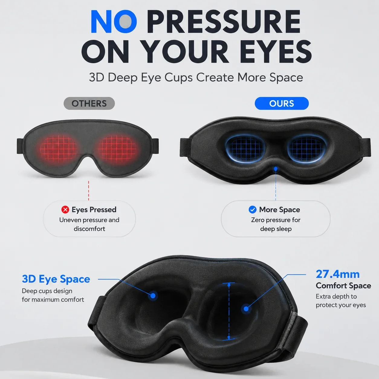 3D Contoured Memory Foam Sleep Eye Mask Zero Pressure Light Blocking Blindfold Adjustable Strap Travel Sleeping Mask for Side Sl