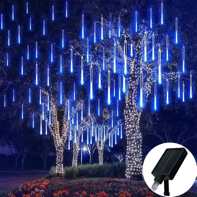 Image of Solar-Meteorschauer-Lichter 30CM8Röhren-50CM8Röhren Warmweiß Blau Bunte LED-Lichterkette IP54 Wasserdicht 8 Modi Garten Weihnachten