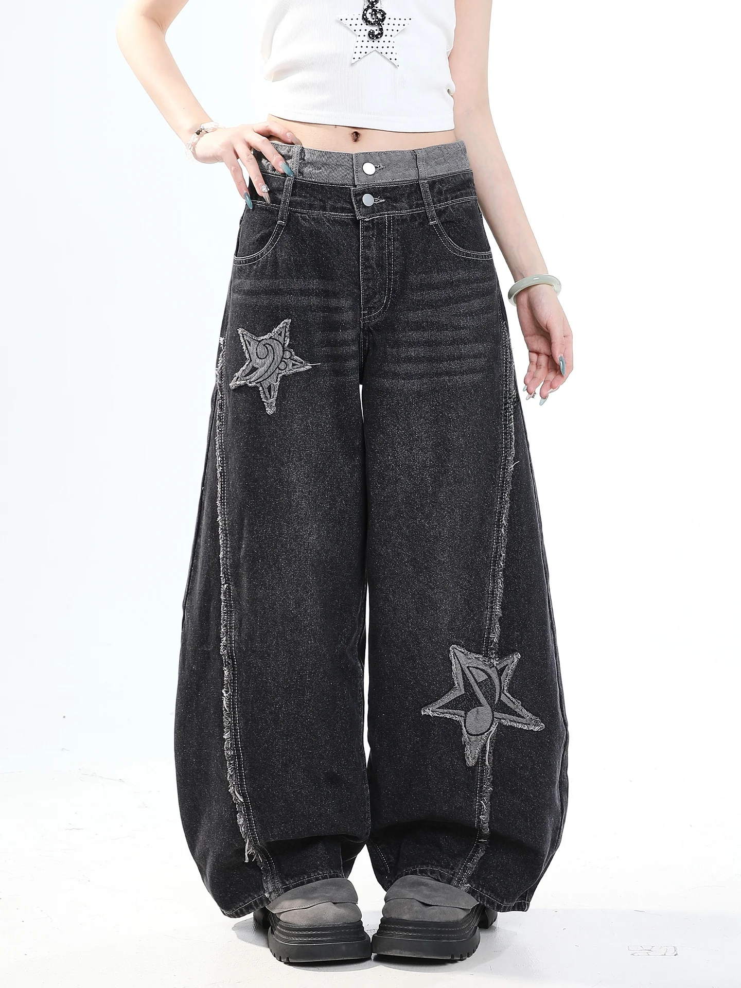 American Retro Star Embroidery Wide Leg Jeans Women's Autumn Drape High Waist Slimming Loose Casual Knife Long Pants