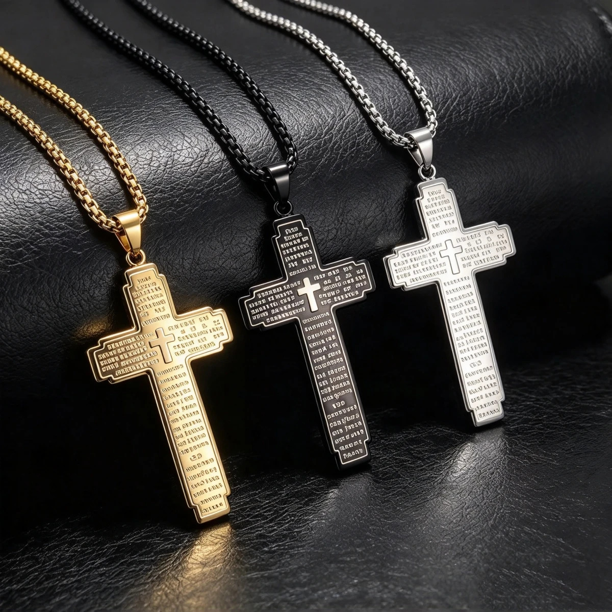 HNSP Stainless Steel Cross Pendant Chain Necklace For Men Bible Verse Religious Christian PVD Waterproof Jewelry Gift