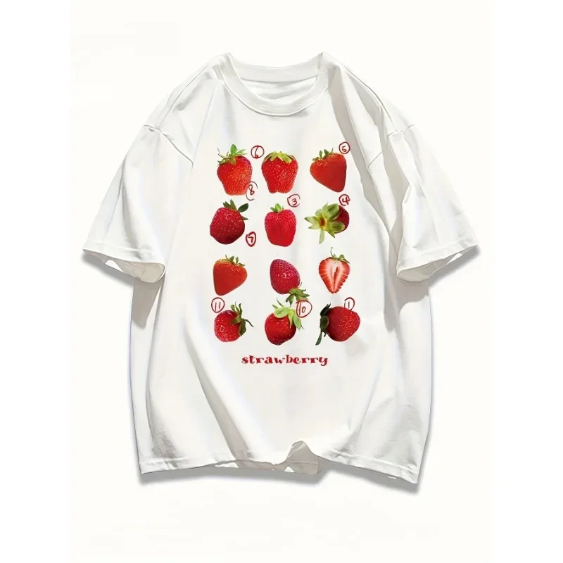 Strawberry Printed Round Neck T-shirt Summer Cotton Casual Short Sleeved T-shirt Summer Breathable T-shirt Women's Clothing