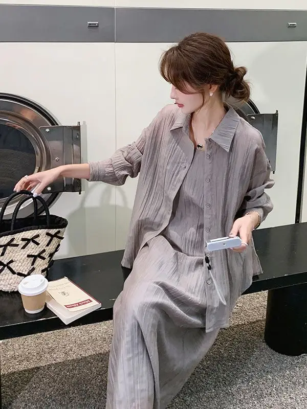 Gray Strapless Summer New Arrival Women's Thin Shirt Dress Two-Piece Set Anti-Wrinkle High Waist Wide Leg Pants Casual Fashion