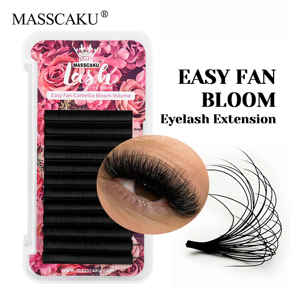 

MASSCAKU 12 Rows Matte Dark Black Natural Rapid Blooming Lashes Lightweight Korea PBT Fiber One Second Blooming Eyelashes Trays