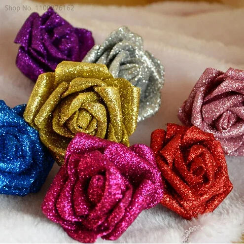 Modern Style 50 PCS PE Foam Rose Flower 6cm Glitter Rose Head Handmade DIY Wedding Home Decoration Wholesale Price