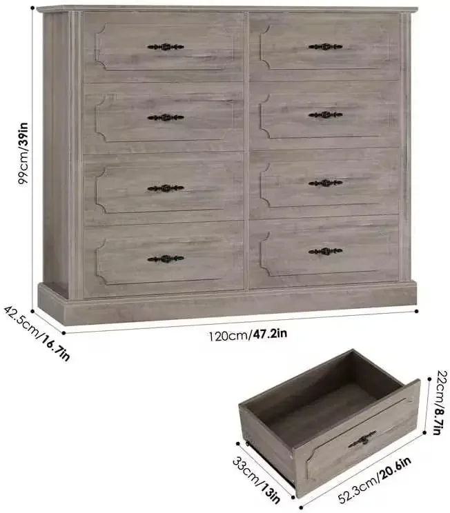 Grey Dresser Chest of Drawers, Farmhouse Dresser Wood Dresser 8 Drawer with Steel Handles, Modern Draw