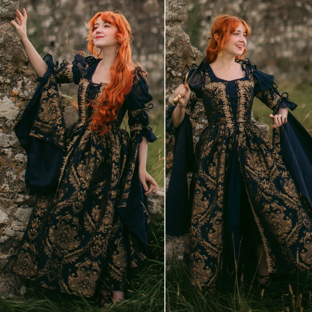 Blau-Goldenes Brokat Renaissance Viktorianisches Vintage Korsettkleid Mittelalterliches Gotisches Cottagecore Feen-Königin Prinzessinnen-Kostüm Ballkleid