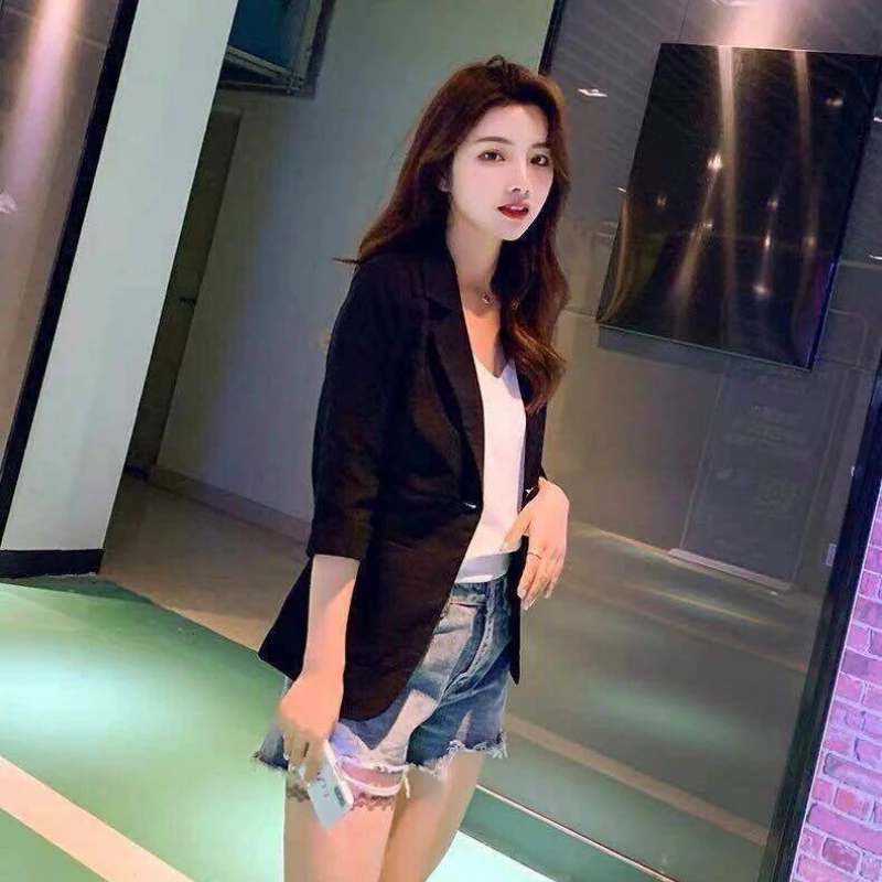 Women Blazer  2024 Korean Fashion 3/4 Sleeve Formal Jackets Coat Slim Fit Office Work Notched Cotton Linen Blazers White Black