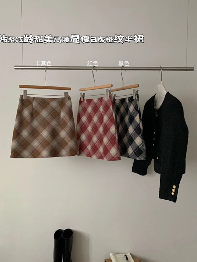 American Retro Plaid Skirt High Waist Slim Fit Office Lady Y2K Streetwear Classical A-Line Skirt 2000s Aesthetic Autumn Winter