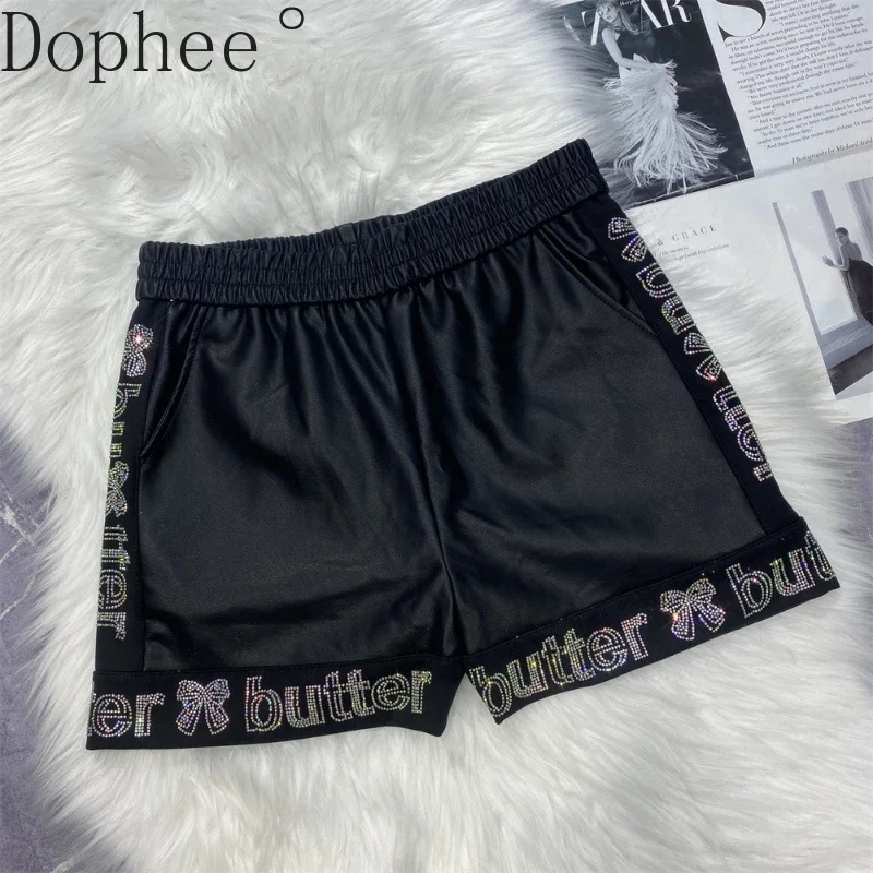 

2024 New Autumn Winter Fashion Lady Casual A-line Wide Leg Shorts All-match Elastic Waist Letters Hot Drilling PU Leather Shorts