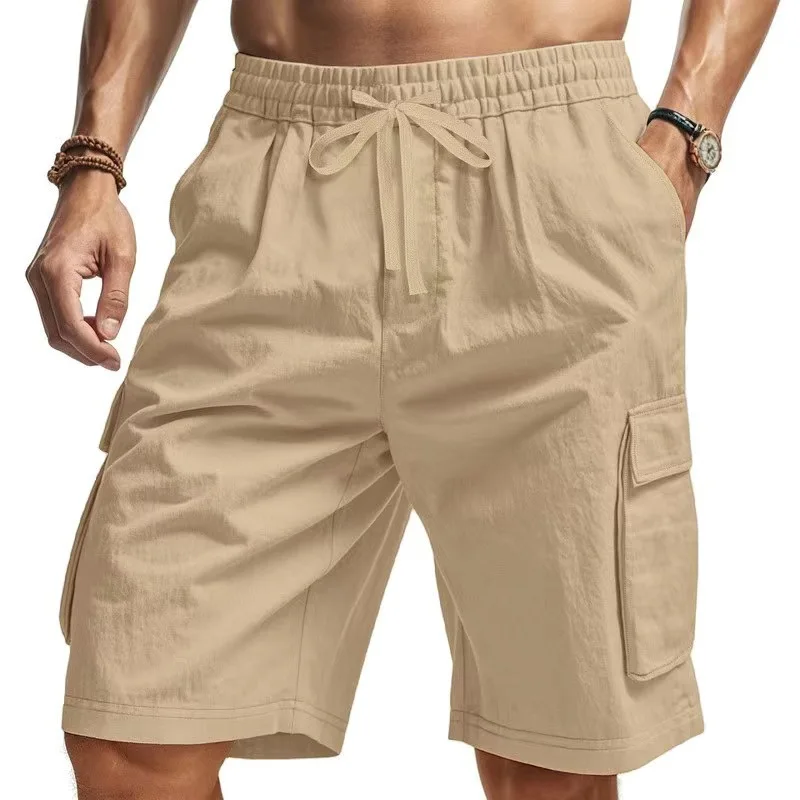 

Summer Men's Loose Casual Straight cargo shorts Bermuda Shorts for Men Pure Color Belted Drawstring Style Comfort Fit