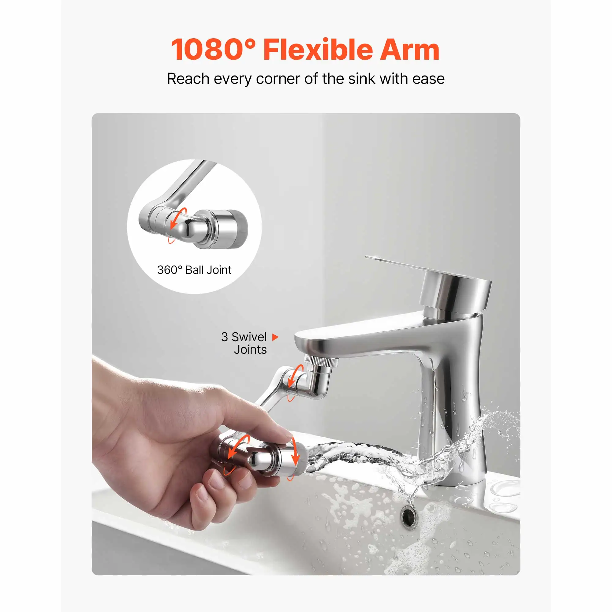 1080° Swivel Faucet Extender, 2 Sprayer Modes Sink Water Faucet Aerator Extension, Kitchen Bathroom Rotatable Spray Attachment with Brass Robotic Arm, Rotating Splash Filter Wash Hand/Hair/Face