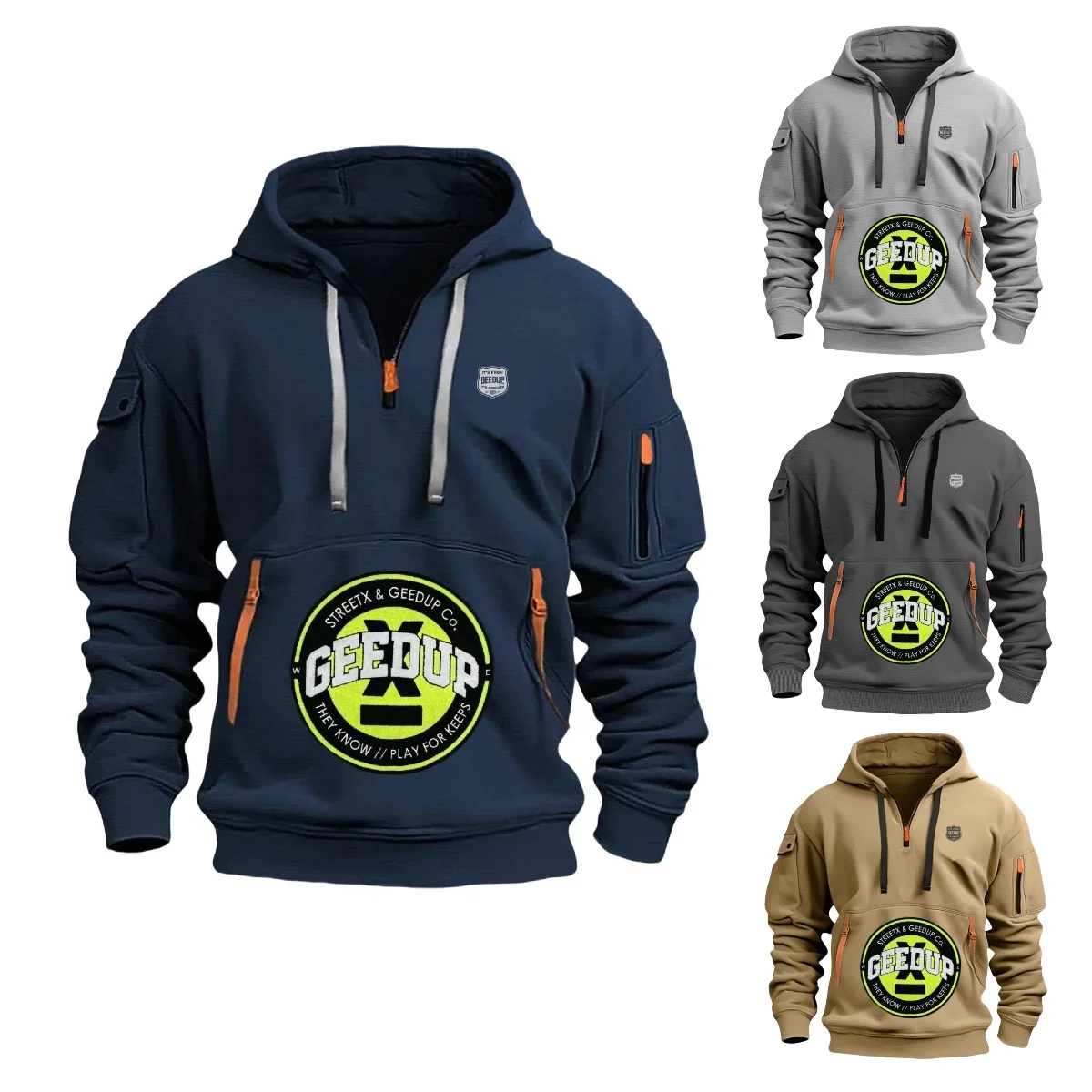 

2025 Autumn/Winter Men's Fashion Street Style Half-Zip Hooded Sweatshirt, Multi-Pocket Arm Zipper Casual Warmth Sports Shirt S
