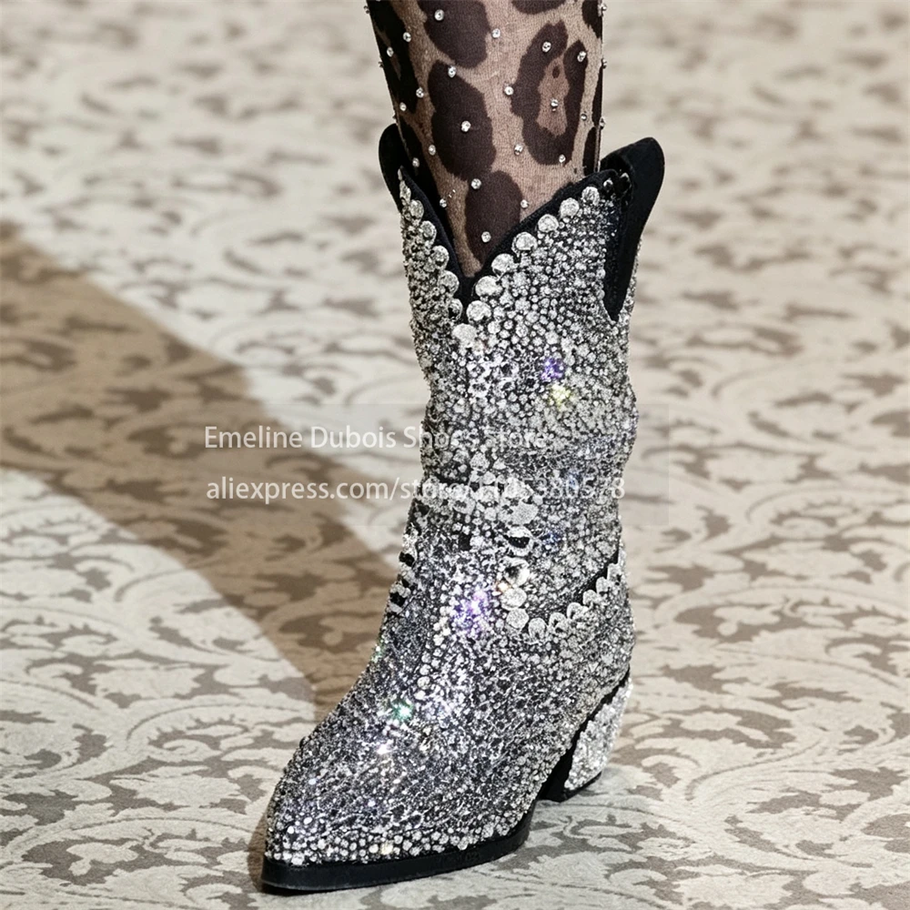 Crystal Decor Pointed Toe Chunky Heel Ankle Boots Pull on High Heel Western Boots Nightclub Party Runway Luxury Short Bootie