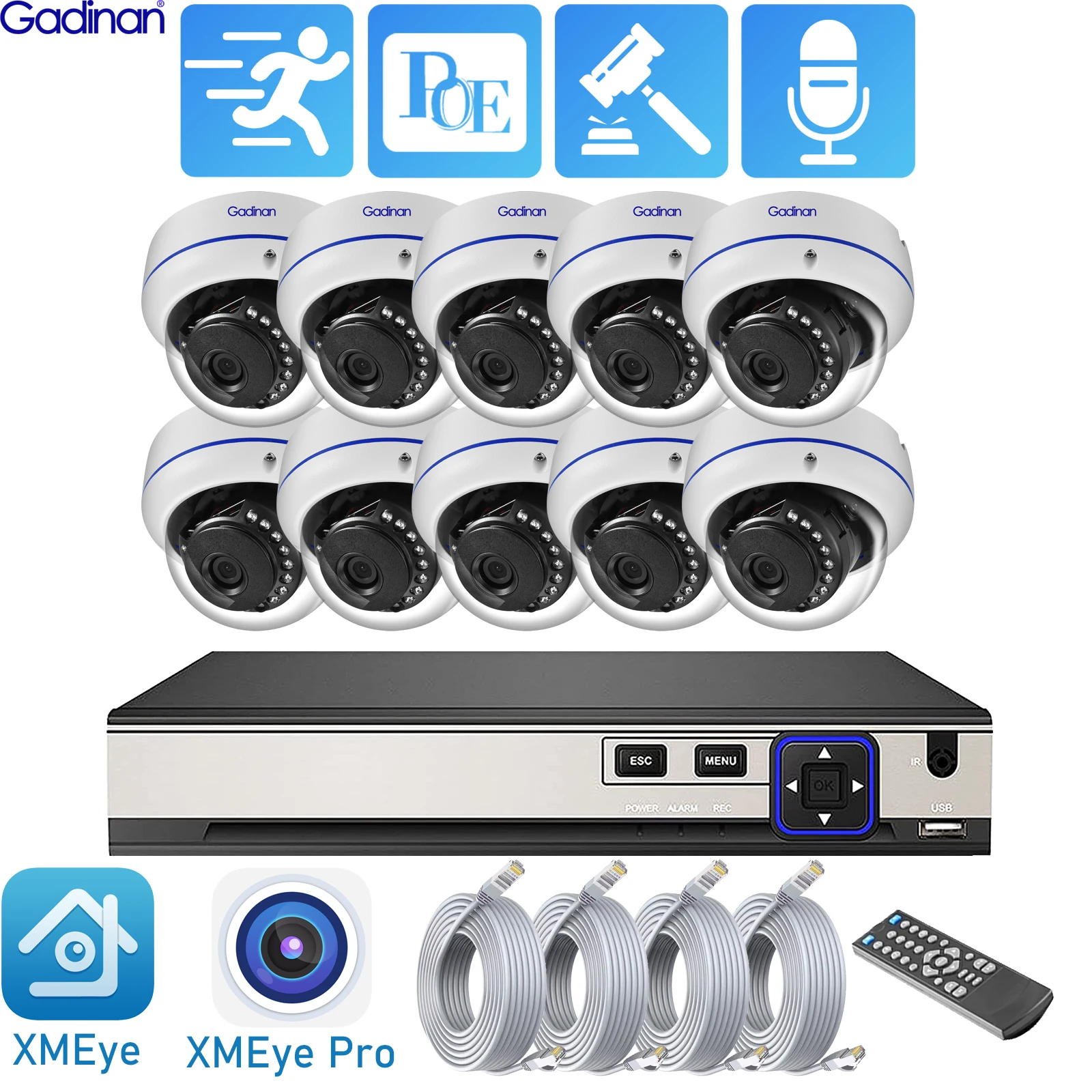 Gadinan 4K POE 10CH NVR Kit 8MP Security Vandalproof Dome Camera System CCTV Outdoor IP Home Video Kit Surveillance Camera Set