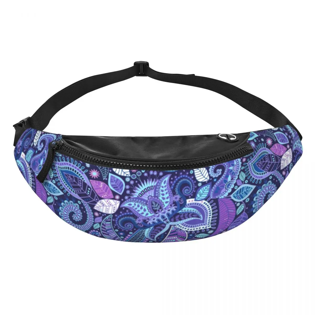 Riñonera con estampado de cachemir para hombre y mujer, bolso de cintura cruzado con flores personalizadas, arte Floral, bolsa de dinero para teléfono, viaje y senderismo, azul y morado