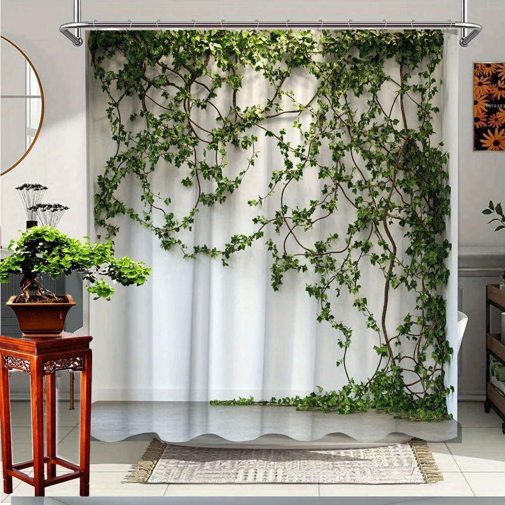 1pc green plant vine shower curtain, polyester fabric for bathroom decoration, with 12 hooks 70.8 x 70.8 inch shower curtain
