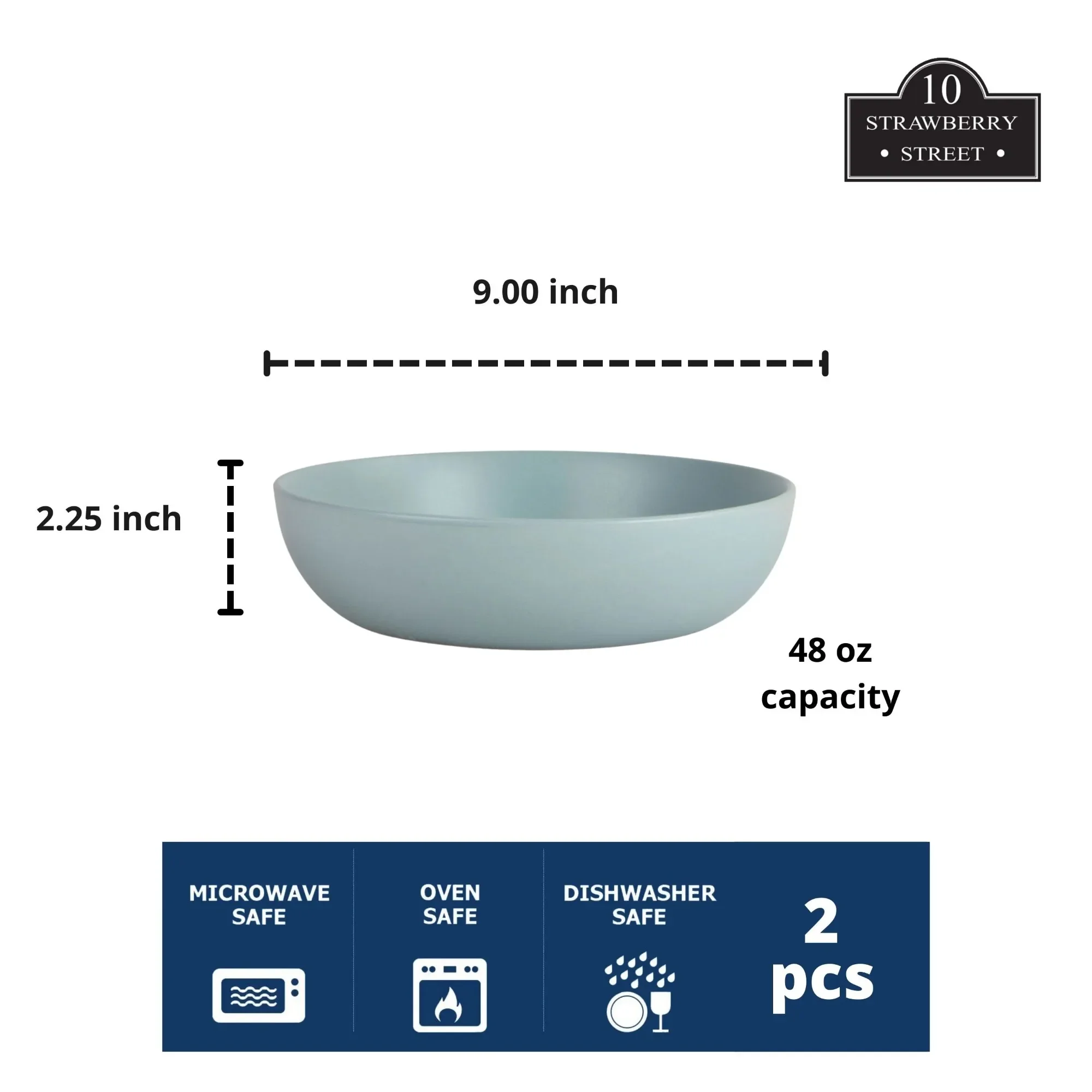 Wazee Matte Stoneware Serving Bowls Set of 2, Mineral Blue, Microwave & Dishwasher Safe