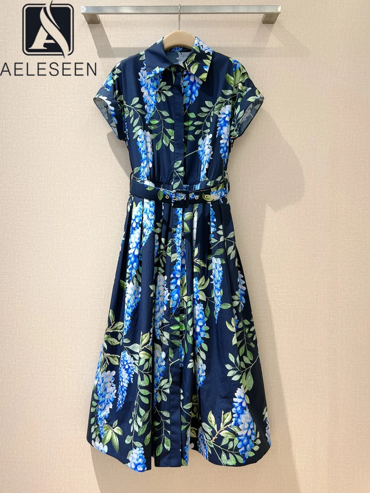 AELESEEN Runway Fashion Summer Dress Women New Arrival Turn-down Collar Violet Flower Print Single-brreasted Elegant Midi