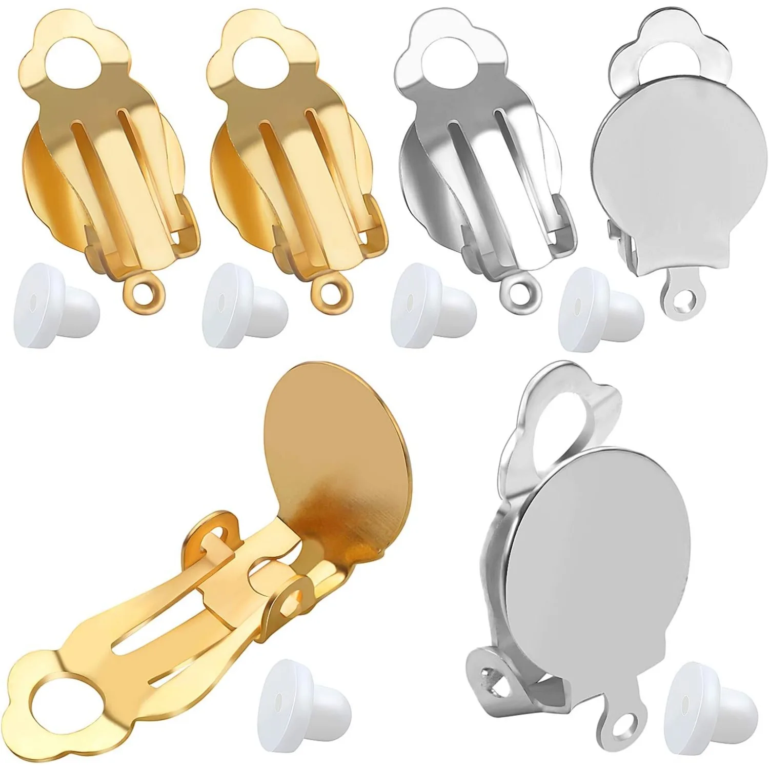 Clip-on Earring Findings - 20 Pieces Cabochon Setting Converter Gold & Silver With 20 Pieces Pads for Non-Pierced Making