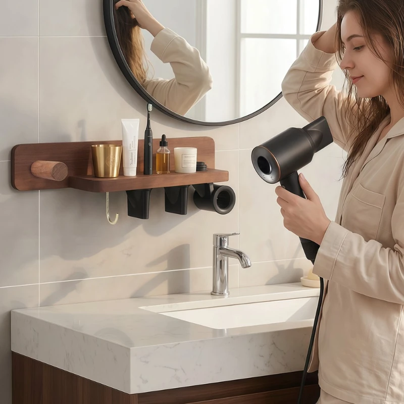 Supersonic Hair Dryer Holder, Magnetic Hair Dryer Display Rack Wooden Bathroom Wall Mount Organizer (A