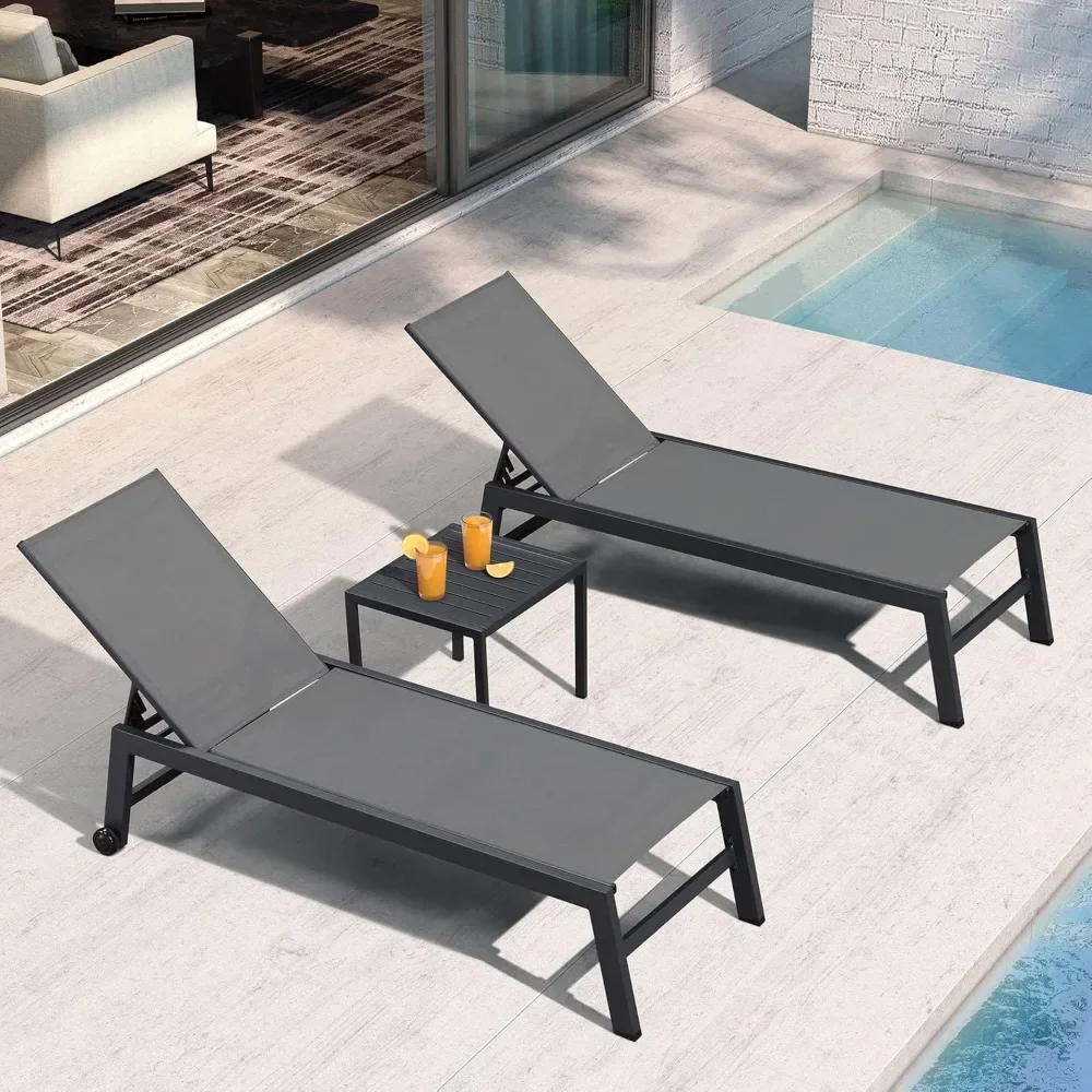 

Patio Chaise Lounge Set 2 Pieces Textilene Pool Lounge Chairs with Wheels Sunbathing Chair for Outdoor Yard (2 Grey