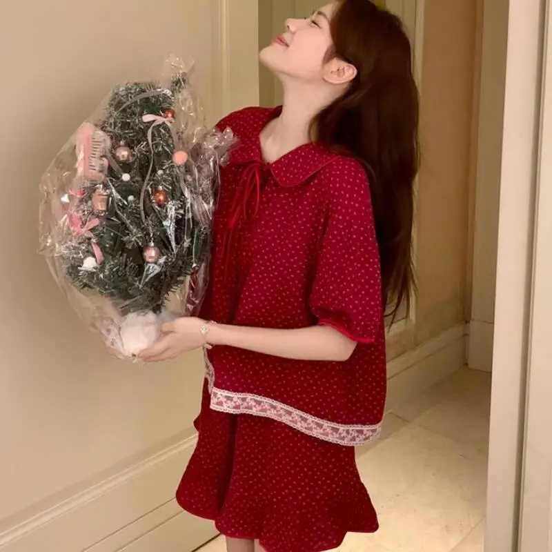 

Korean Version Fashionable Girl Summer Short Sleeved Set Sweet Cute Teenage Doll Collar Floral Home Clothe Comfortable Breathabl