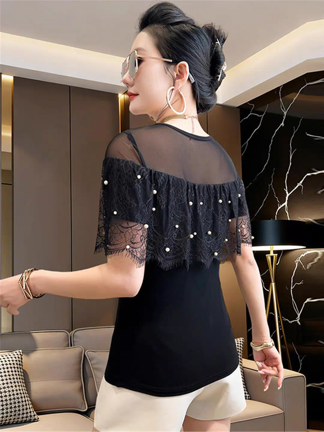 V-Neck Lace Mesh Patchwork Beaded Short Sleeve T-Shirt for Women, 2026 Summer New Arrival Stylish Slim Fit Casual Base Layer Top