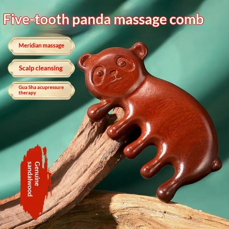 Eco-Friendly Sandalwood Massage Comb 5 Tooth Panda Head Scalp Scraping Tool for No-Static Hair Care Head Relaxation