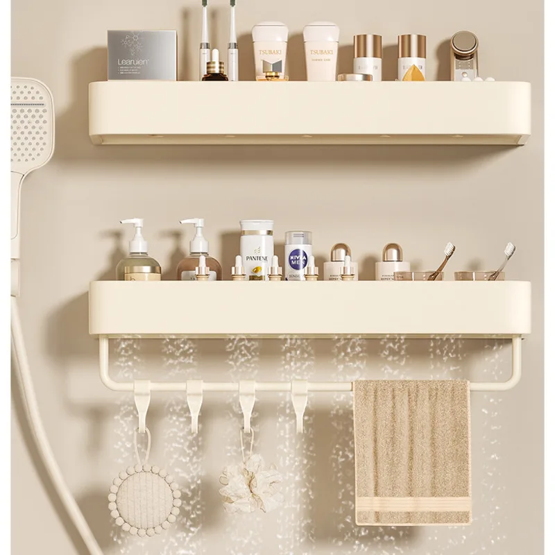 Bathroom Storage Rack Washbasin Toilet Restroom Non Perforated Cream White Wall-mouted Shelf With Rod Hooks Hanging Organizer