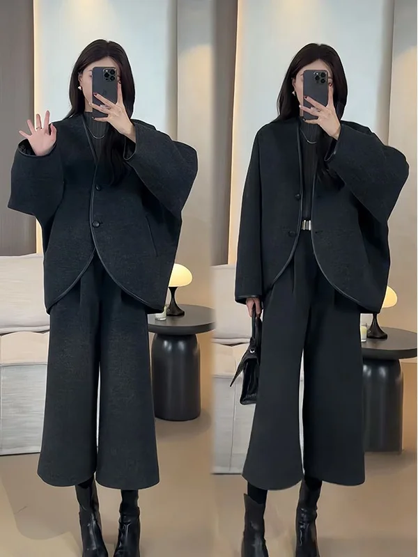 Stylish Retro Winter Commute Cotton Jacket And Casual Pants Two-Piece Set for Women Trendy Warm High Waist Polyester Fiber