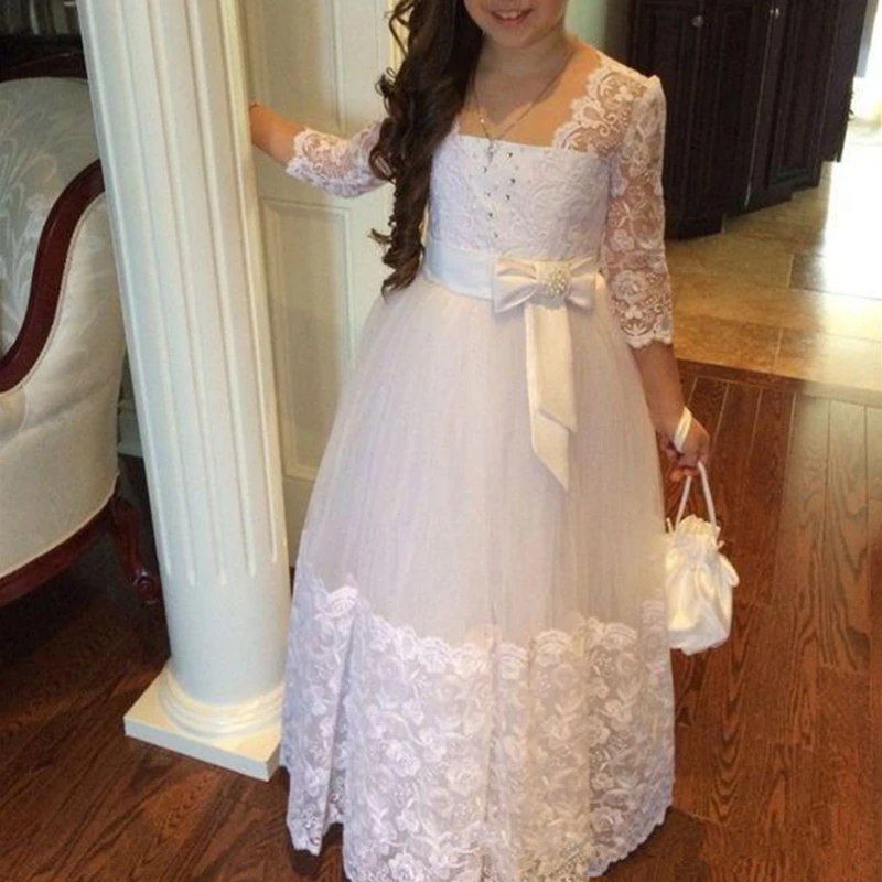 Kids Flower Girls Dresses 3/4 Sleeves Appliques Floor Length Fit Wedding Prom Gowns Birthday First Communion Dress