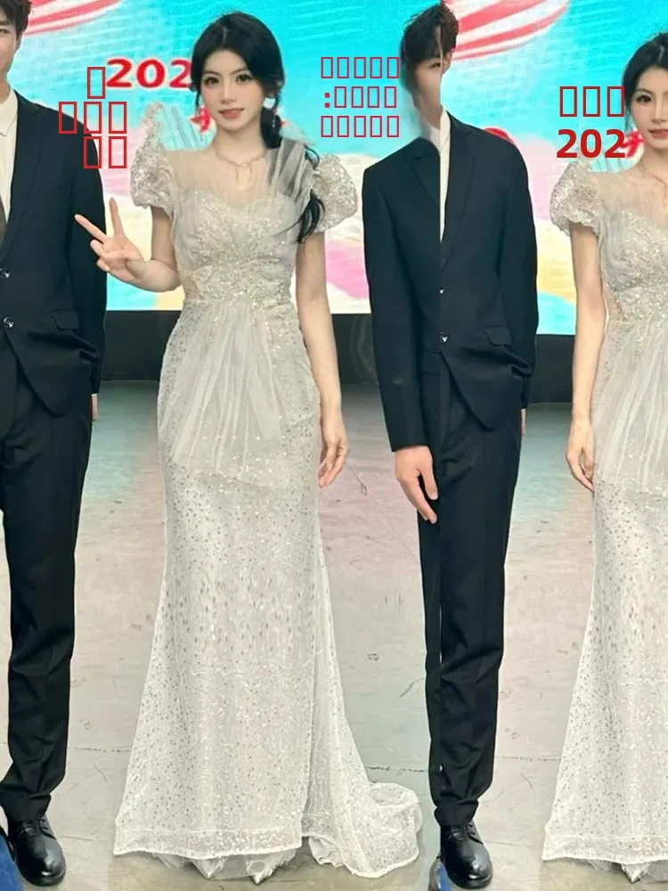 

Вечернее платье-русалка с индивидуальным пошивом, расшитое бисером, в корейском стиле, для взрослых, для церемоний, вокальных выступлений, экзаменов, ведущих мероприятий