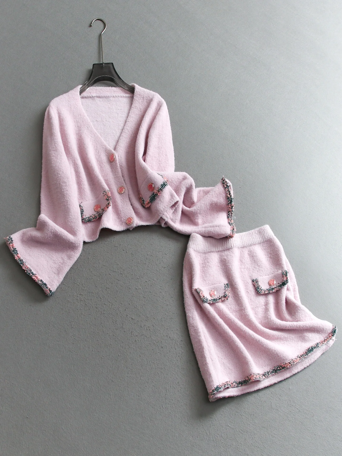 

French Style Women Autumn V-Neck Flared Sleeve Elegance Knit Cardigan+Mini Skirt Set